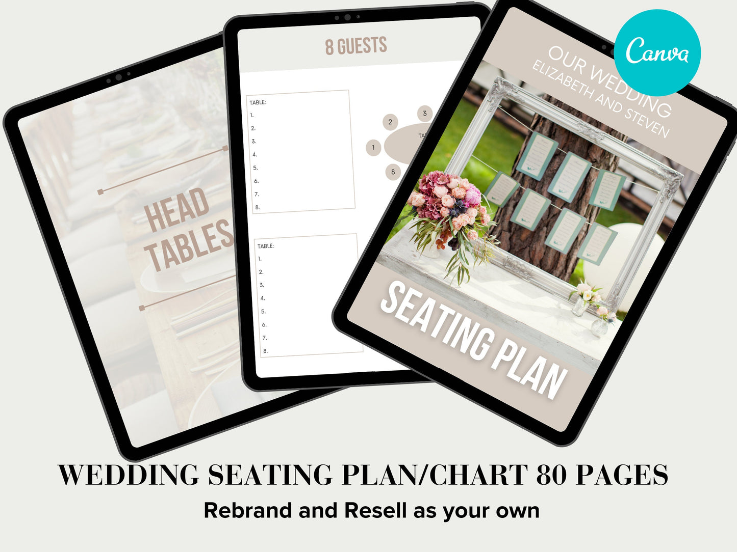 PLR Wedding Seating Plan, digital editable in canva, 80 pages wedding seating plan