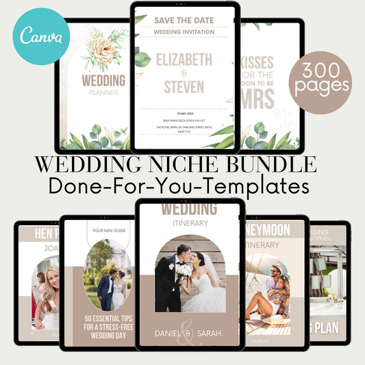 PLR Wedding Niche Bundle, 300 pages done for you template, ready to rebrand and make it yours, editable Canva, digital trendy wedding niche.