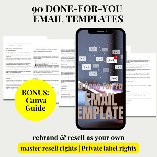 PLR 90 email templates, done for you template, ready to use, email marketing, done for you PLR, email prompts, Bonus: Canva Template Guide