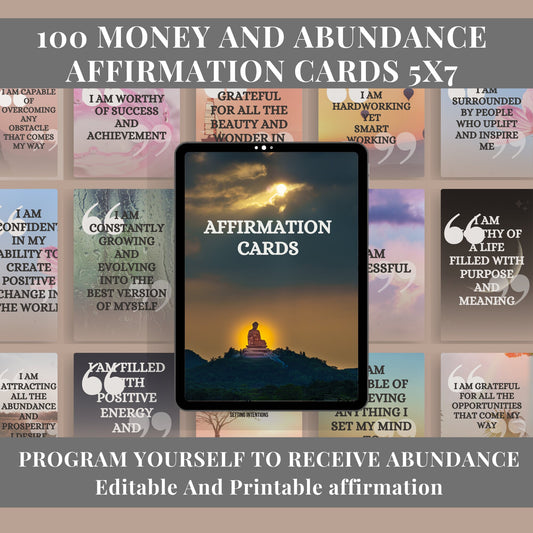 100 Money & Abundance Affirmation Printable Editable Cards, Wealth and abundance card, manifestation cards, law of attraction cards