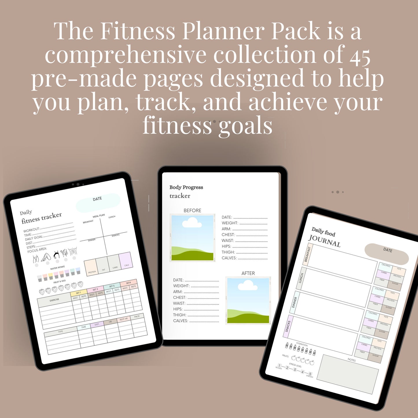 PLR Fitness Planner Pack, Editable Template, daily, weekly, monthly fitness planning, progress trackers, measurement charts, workout logs.
