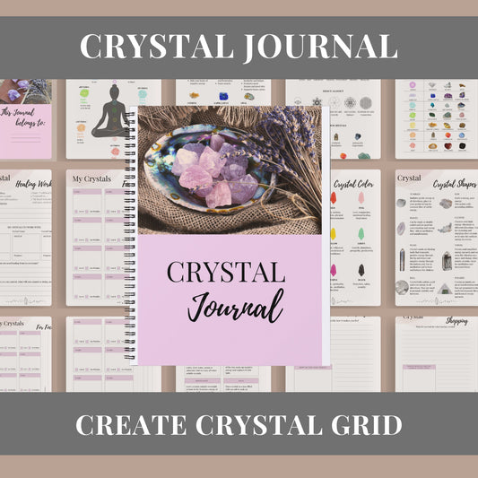PLR Crystal journal template, learn to create crystal grid, set intentions, printable crystal forms, sheets, editable, done for you journal