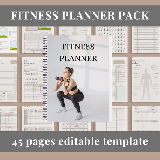 PLR Fitness Planner Pack, Editable Template, daily, weekly, monthly fitness planning, progress trackers, measurement charts, workout logs.