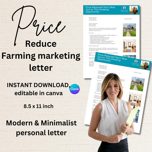 Price Reduced Flyer Farming Letter Template for Real Estate Agents Professional Design Editable in Canva, Modern and minimalist Letter Style
