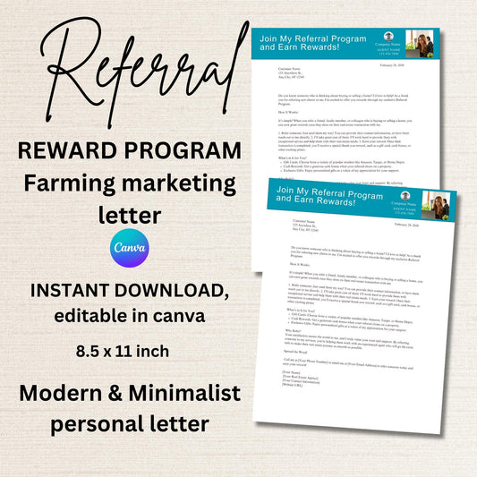 Real Estate Referral Program Rewards Farming Marketing Letter, minimalist layout, personal style farming lead generator for agents
