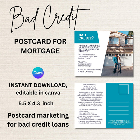 Bad Credit Mortgage Loan Postcard Template - Homeownership Made Easy, Flexible Financing Options, Real Estate Loan Officer Marketing