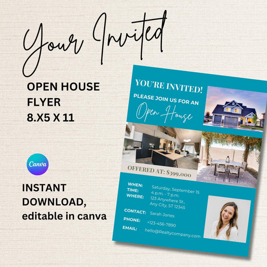 Your Invited Open House Flyer Template - Custom Real Estate Marketing 8.5 x 11 Open House, farming letter for agents, Edit In Canva