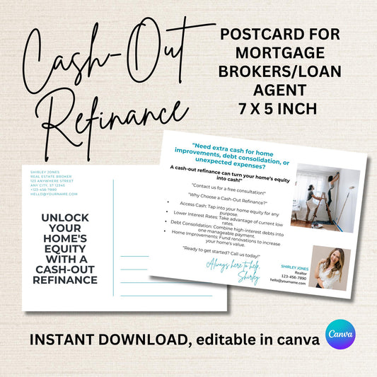 Mortgage Cash Out Refinance Postcard Template 7 x 5 |Loan Agent Refinance Postcard | Instant Download | Modern Professional & Eye-Catching