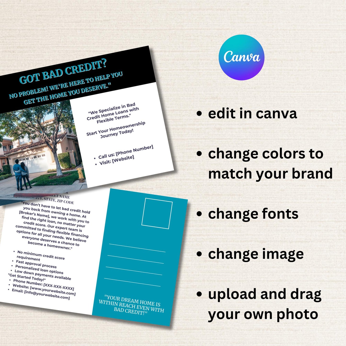 Got Bad Credit? Mortgage Loan Postcard Template Mailer - Loan Officer Postcard Template, Edit In Canva, Minimalist, Bold Colors