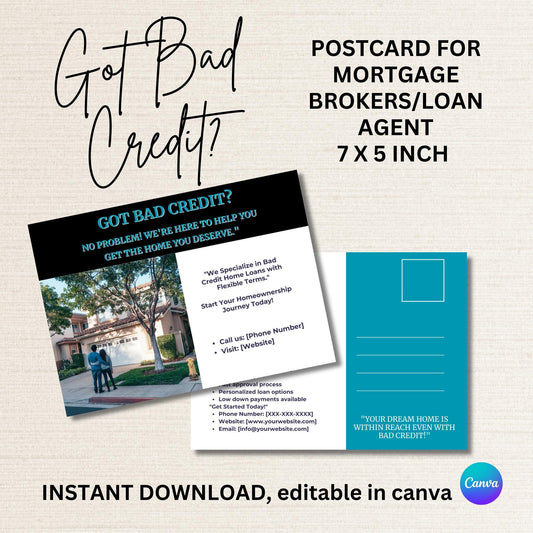 Got Bad Credit?  Mortgage Loan Postcard Template Mailer - Loan Officer Postcard Template, Edit In Canva, Minimalist, Bold Colors
