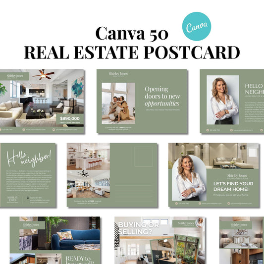 Real Estate Postcard Templates 50 Sage Green editable Postcards, Just Listed, Hello Neighbor, Open House, Realtor  Marketing Farming