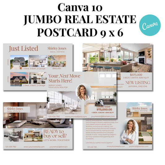 Realtor Jumbo Large Bundle Gray Postcard Template 9x6 Canva editable Postcards, Just Listed, Hello Neighbor, Open House, Lead Magnet
