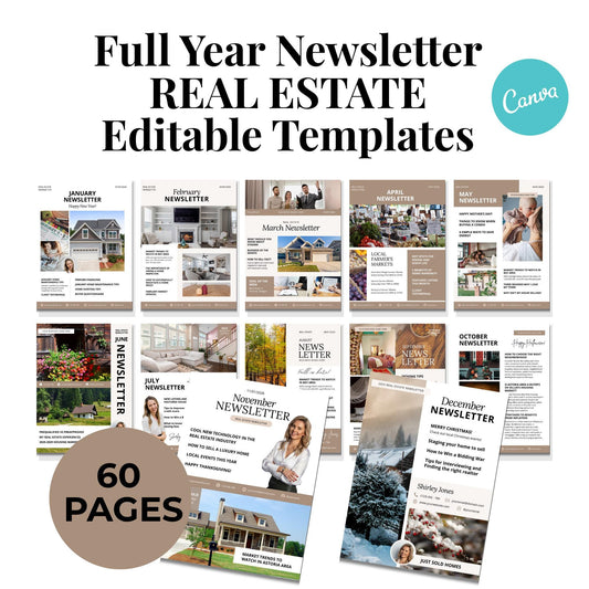 Real Estate Newsletter Bundle, 12 Month Full Year Newsletter Bundle, Realtor Email Marketing, Seasonal Newsletter, Canva Templates