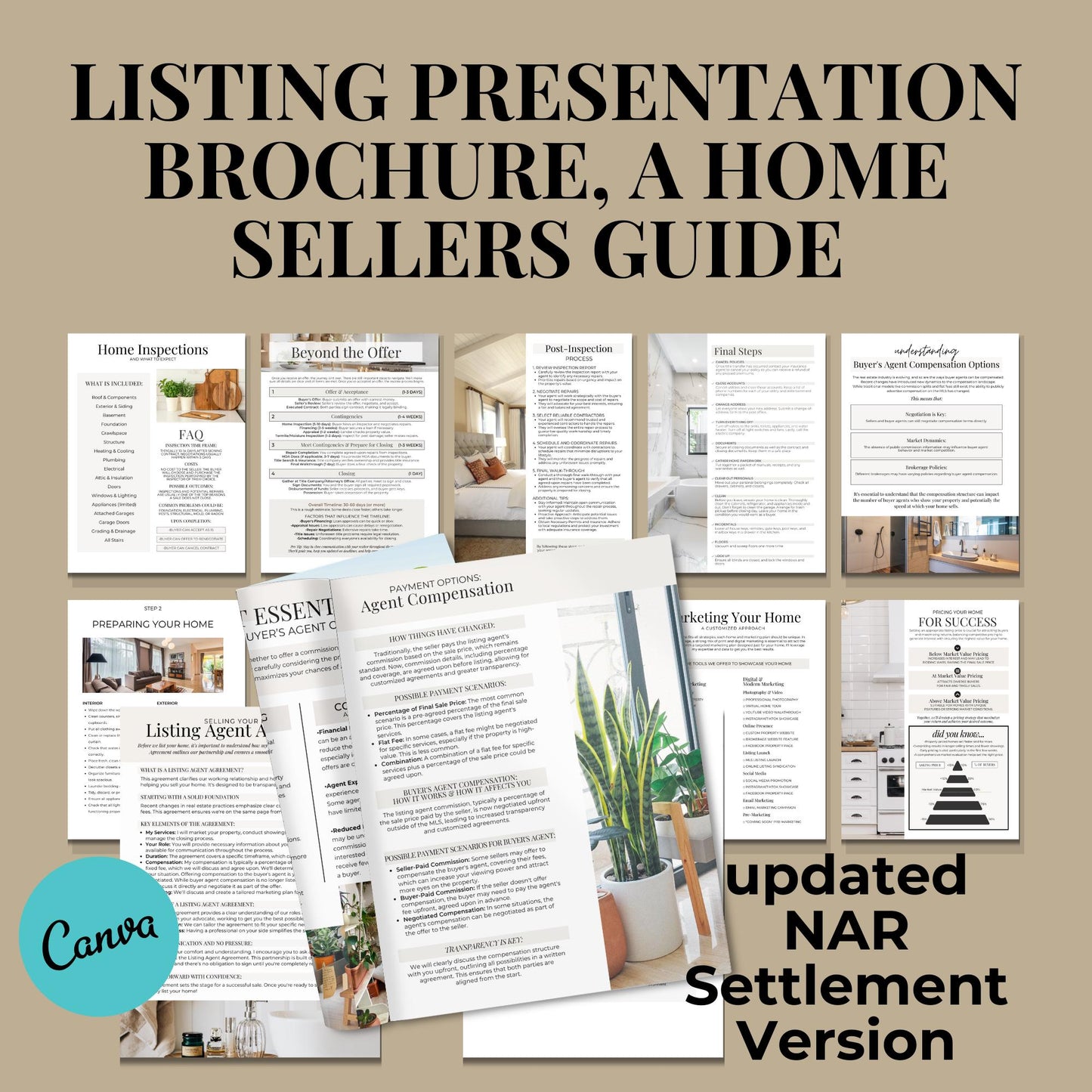Listing Presentation 43 Pages Template, NAR Settlement Real Estate Marketing, Real Estate Canva Template, Listing Brochure, Sellers Guide