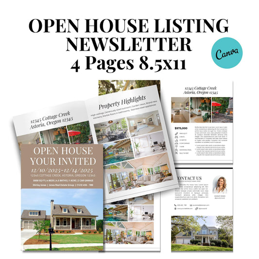 Open House Your Invited Newsletter Listing Template, Real Estate Property Listing Presentation Editable Template, Canva Editable