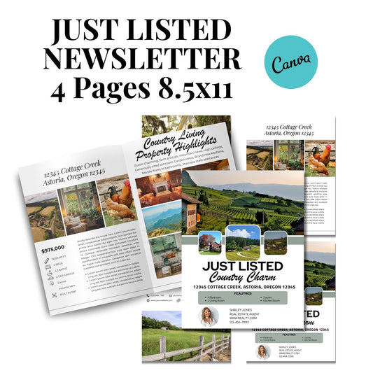 Just Listed 4 page Newsletter Template, Real Estate Property Listing Presentation Editable Canva Edit, Country Charm Just Listed Property