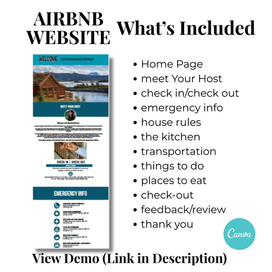 Airbnb Website Template, For host and property managers, includes: things to do, places to eat, house rules, emergency,  mobile friendly