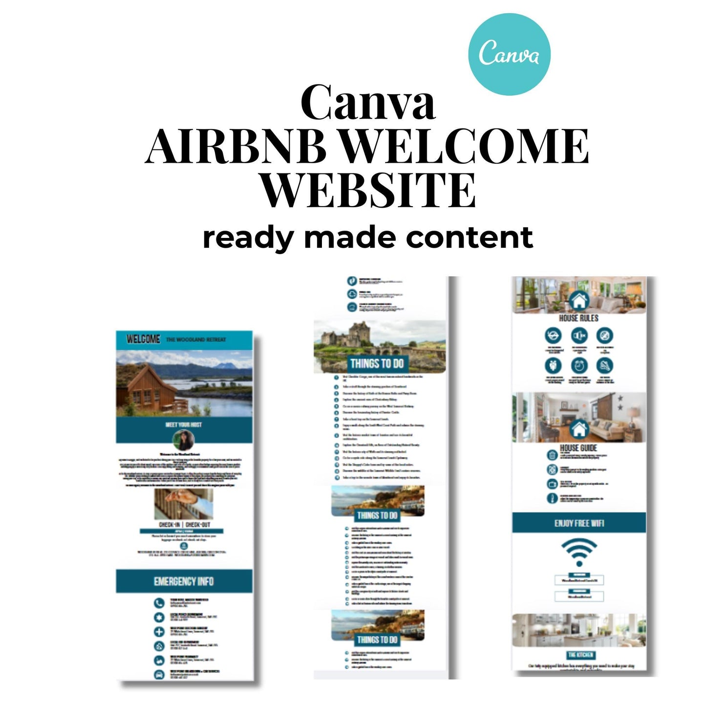 Airbnb Website Template, For host and property managers, includes: things to do, places to eat, house rules, emergency, mobile friendly