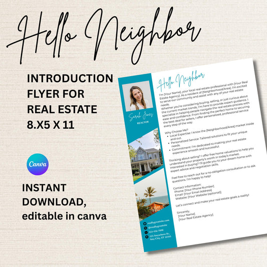 Hello Neighbor Flyer Template | Real Estate Agent Introduction | Editable Canva Template for Local Marketing