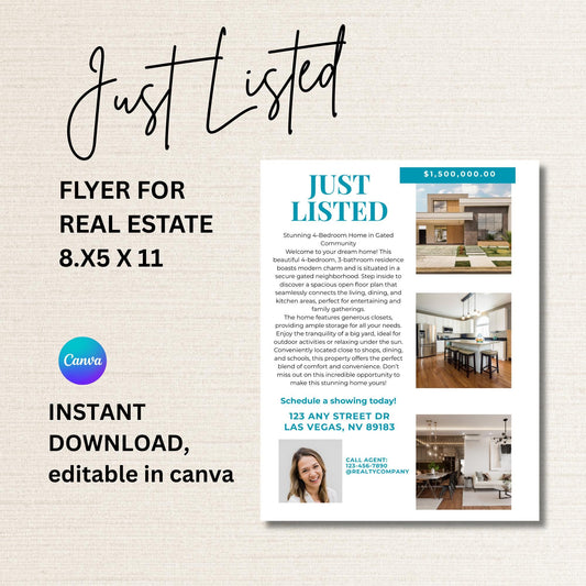 Minimalist Just Listed Real Estate Template - Custom Real Estate Marketing Flyer 8.5 x 11 Just Listed, farming letter for agents
