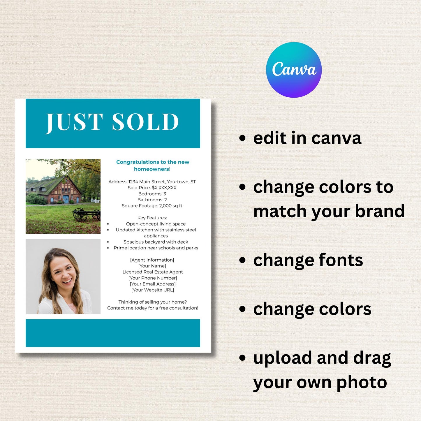 Minimalist Just Sold Real Estate Template Flyer - Custom Real Estate Marketing 8.5 x 11 Just Sold, farming letter for agents