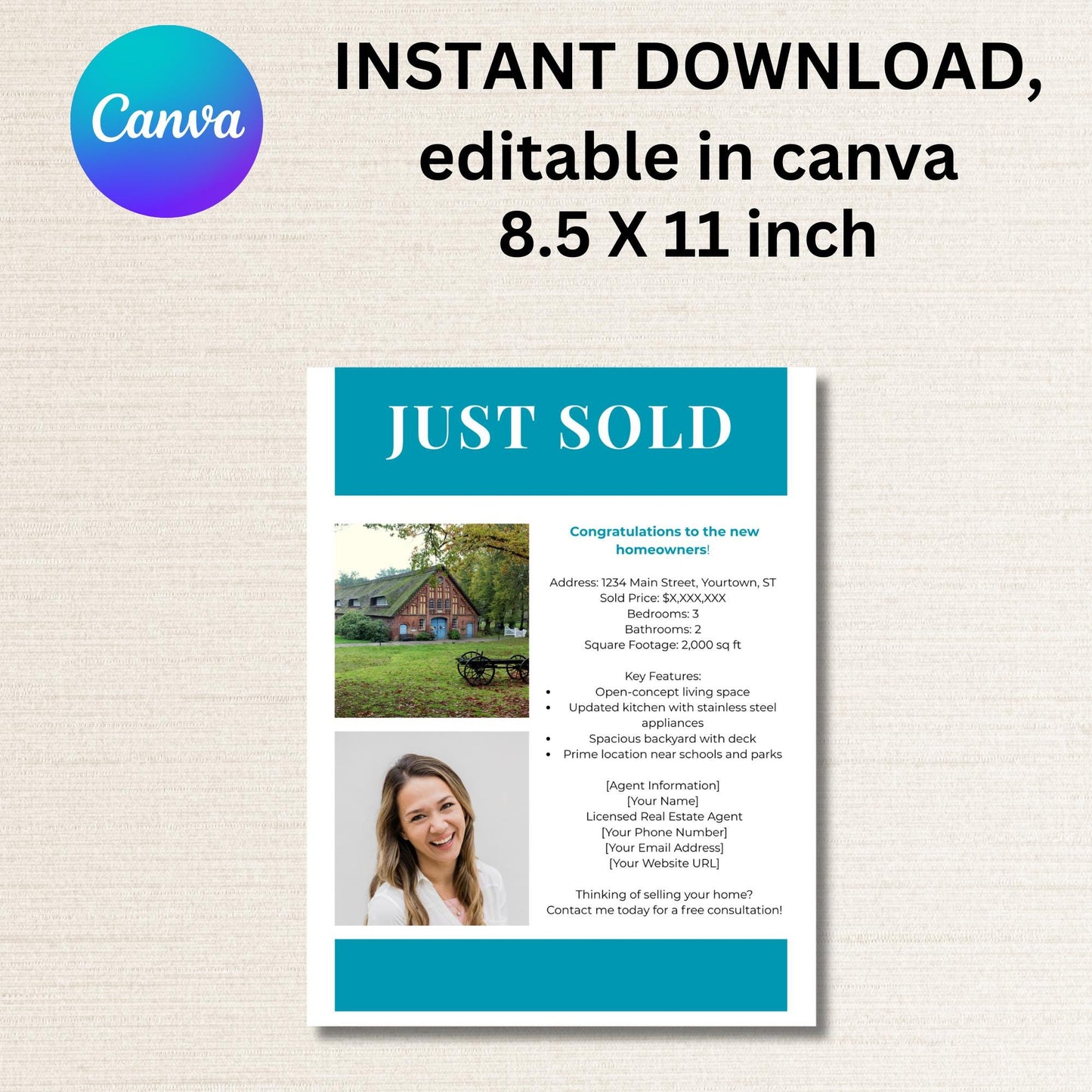 Minimalist Just Sold Real Estate Template Flyer - Custom Real Estate Marketing 8.5 x 11 Just Sold, farming letter for agents