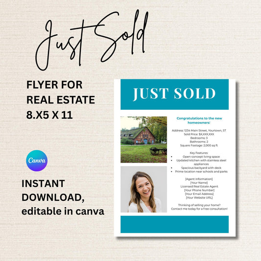Minimalist Just Sold Real Estate Template Flyer - Custom Real Estate Marketing 8.5 x 11 Just Sold, farming letter for agents