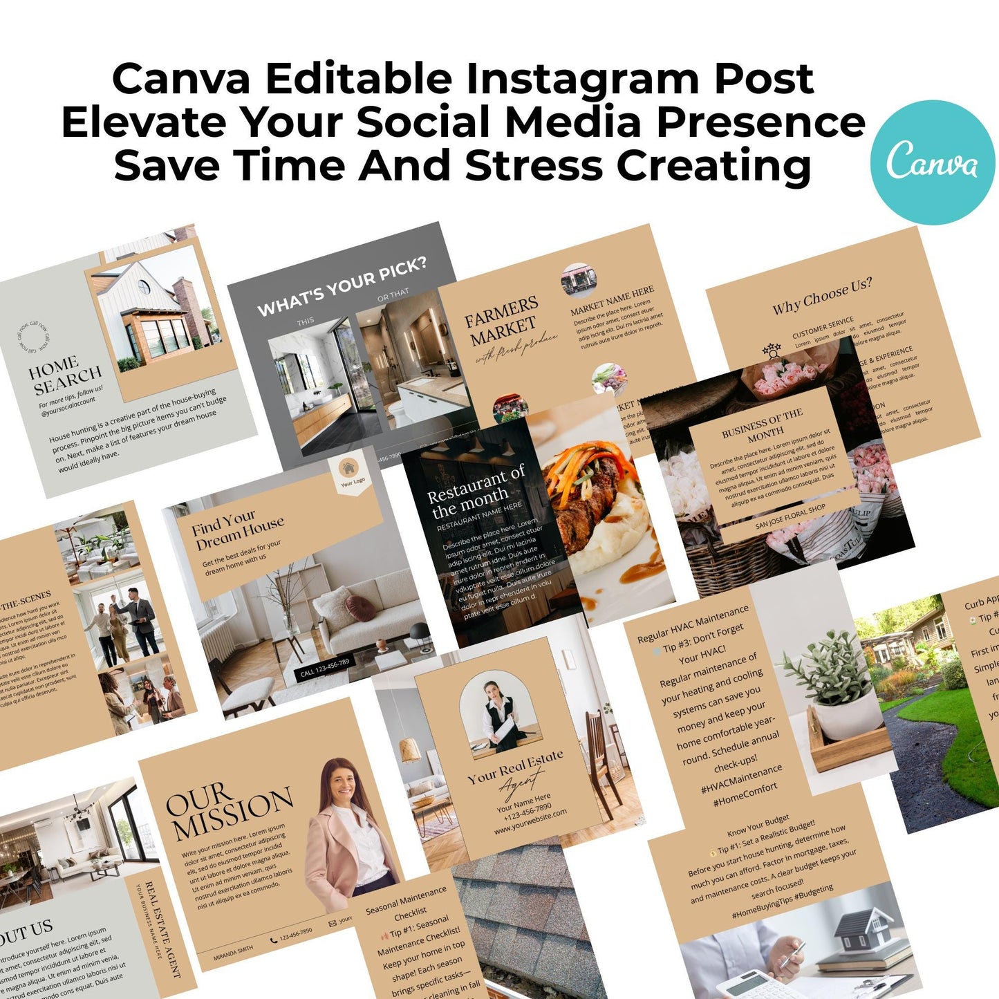 Real Estate 200 Instagram Social Media Templates earth tone New Listing, Open House Expired Listing Under Contract Q & A Tips, Engaging Post