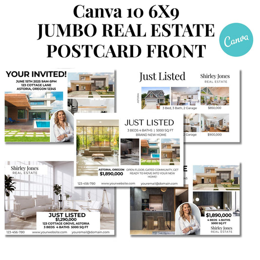 Jumbo Real Estate Agent Postcard 10 Templates 6x9 editable Postcards, Just Listed, Hello Neighbor, Open House, Realtor lead Marketing