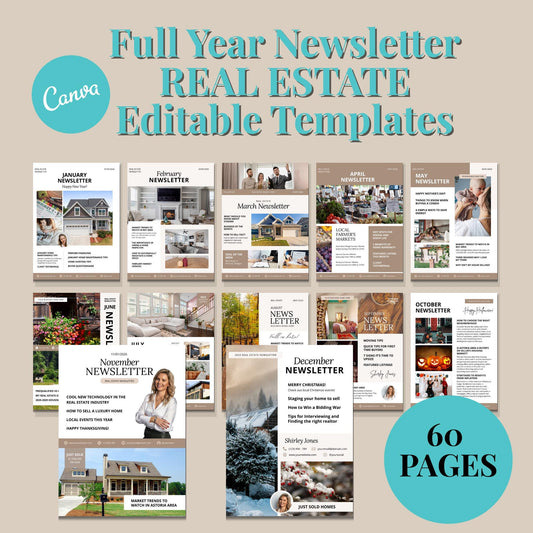 Real Estate Newsletter Template Bundle, 12 Month Full Year Newsletter Bundle, Realtor Email Marketing, Seasonal Newsletter, Canva Templates