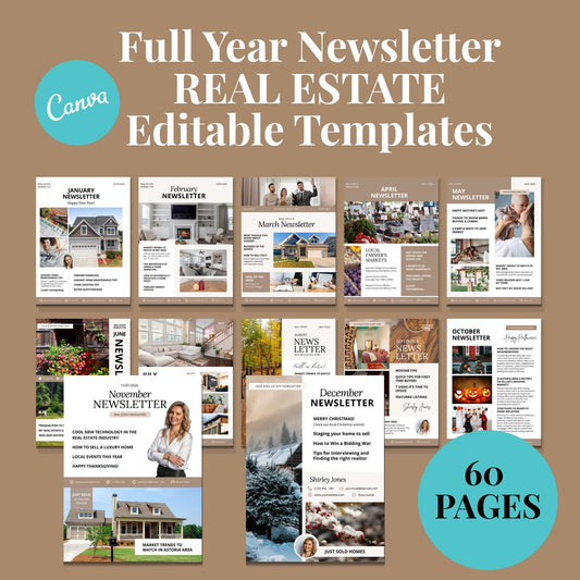 Real Estate Newsletter Template Bundle, 60 Pages,  12 Month Full Year Newsletter Bundle, Realtor Email Marketing, Seasonal Newsletter