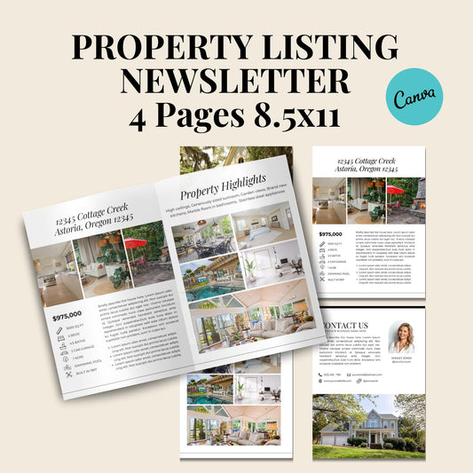 Property Listing Brochure Newsletter Presentation, Real Estate Property Listing Presentation Editable Template, Canva, Open House Brochure