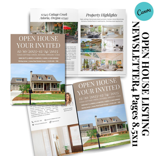 Your Invited Open House Newsletter Listing Template, Real Estate Property Listing Presentation Editable Template, Canva Editable