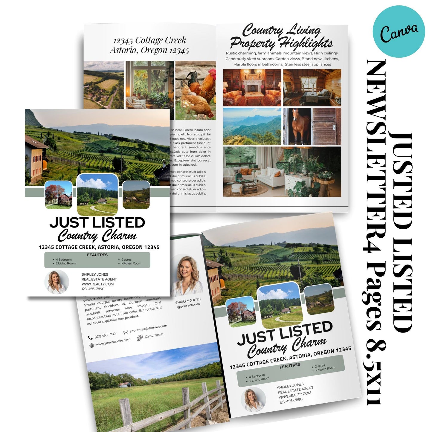Just Listed 4 page Newsletter Template, Real Estate Property Listing Presentation Editable Canva Edit, Country Charm Just Listed Property