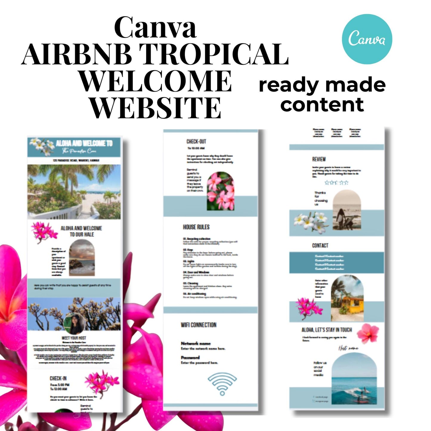 Tropical Airbnb Website Template For host, rentals and property managers, includes: things to do, places to eat, house rules, emergency