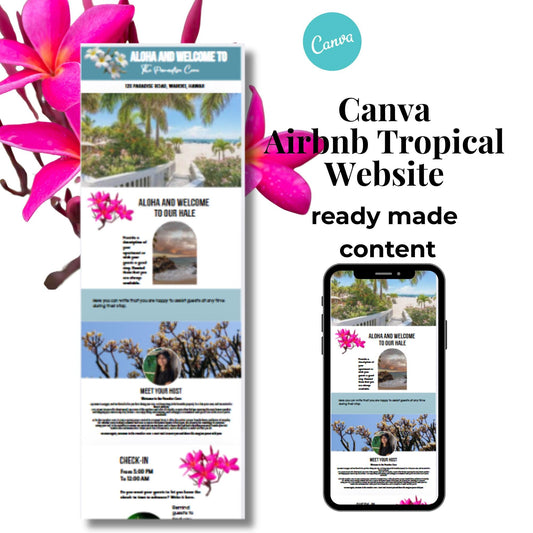 Tropical Airbnb Website Template For host, rentals and property managers, includes: things to do, places to eat, house rules, emergency