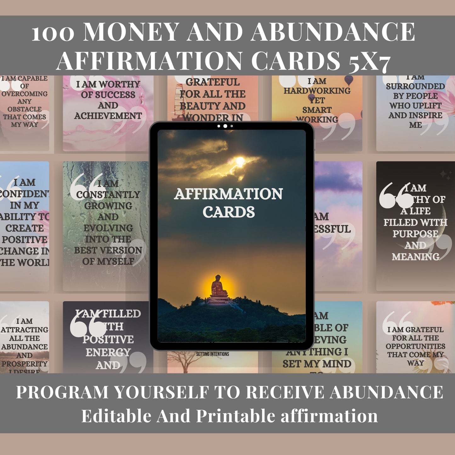 100 Money & Abundance Affirmation Printable Editable Cards, Wealth and abundance card, manifestation cards, law of attraction cards