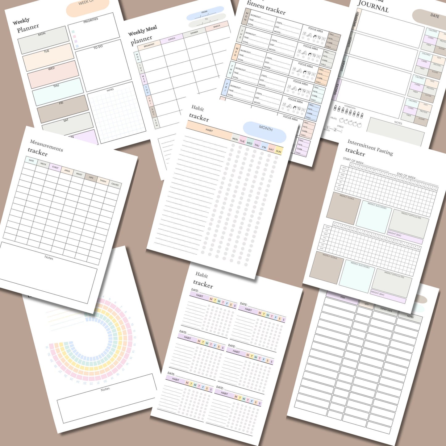 PLR Fitness Planner Pack, Editable Template, daily, weekly, monthly fitness planning, progress trackers, measurement charts, workout logs.