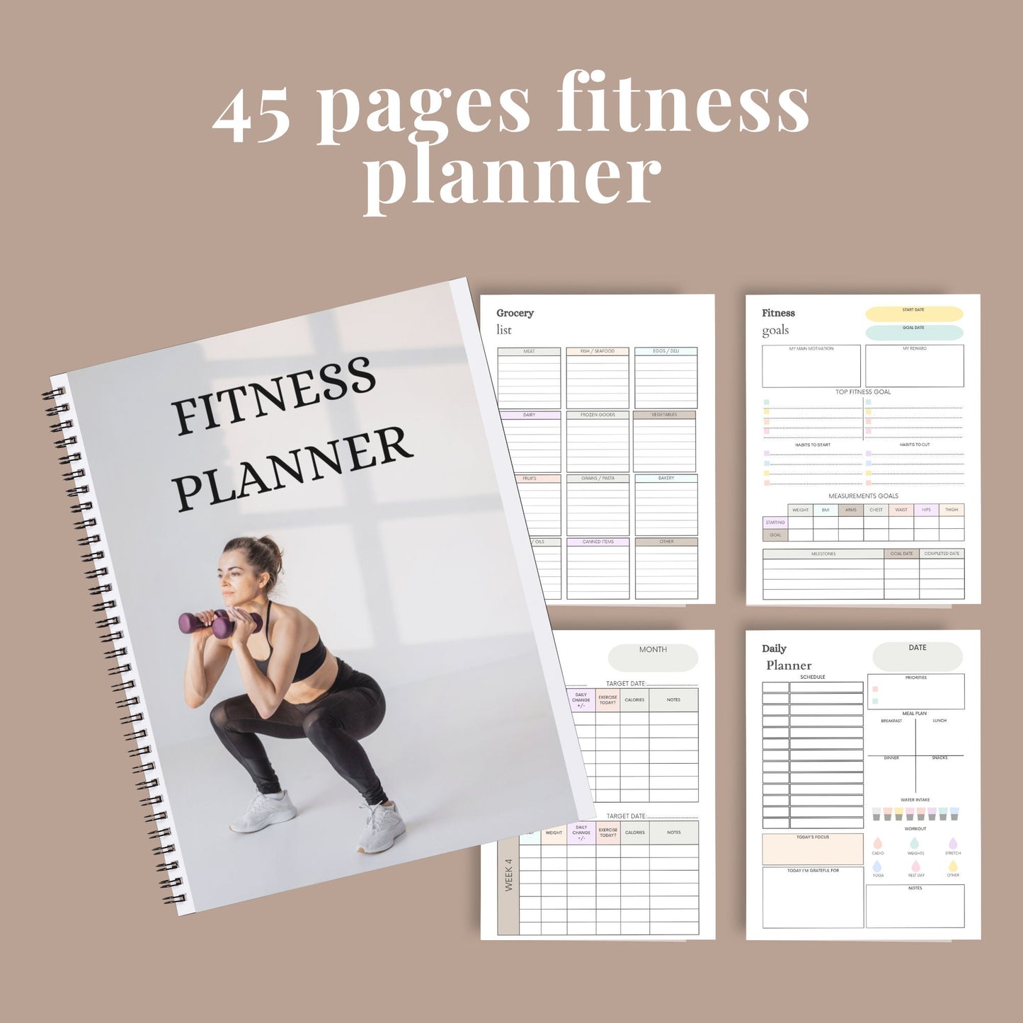 PLR Fitness Planner Pack, Editable Template, daily, weekly, monthly fitness planning, progress trackers, measurement charts, workout logs.