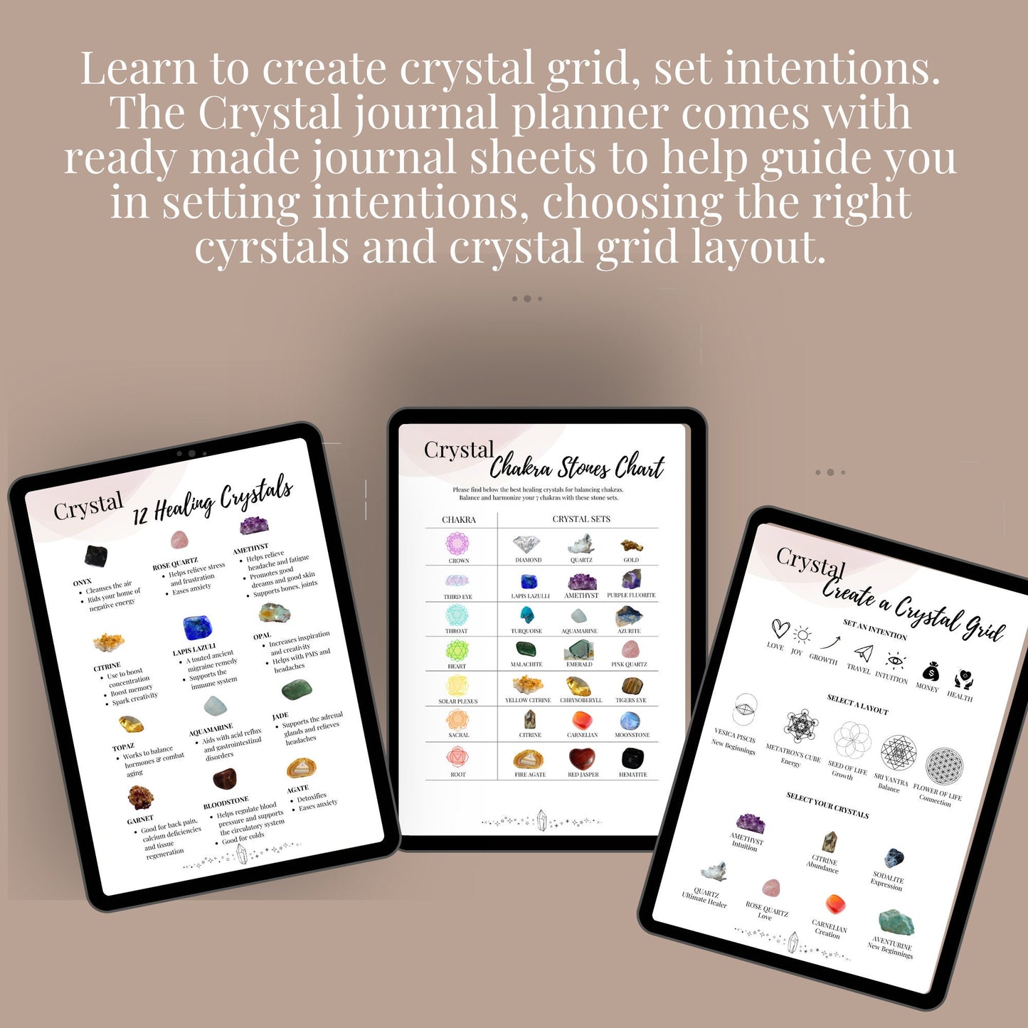 PLR Crystal journal template, learn to create crystal grid, set intentions, printable crystal forms, sheets, editable, done for you journal