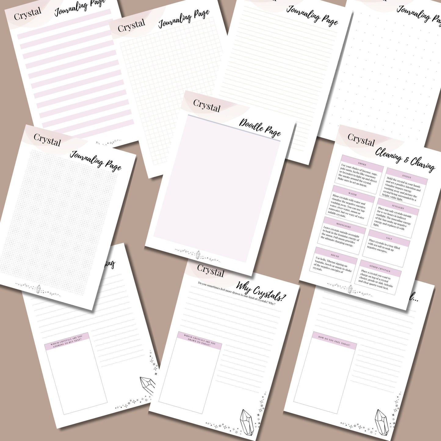 PLR Crystal journal template, learn to create crystal grid, set intentions, printable crystal forms, sheets, editable, done for you journal