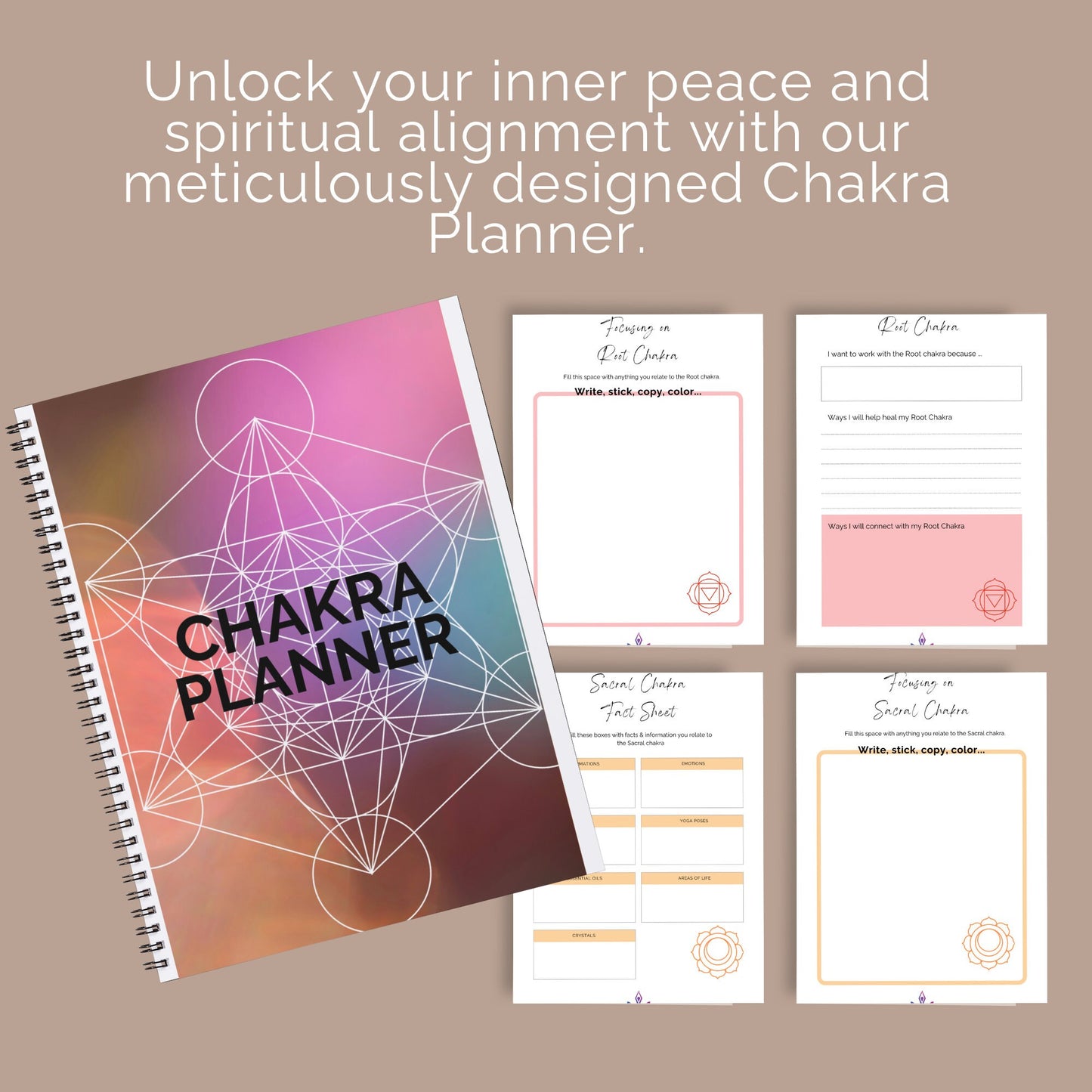 PLR Chakra Planner, Spiritual planner with sheets on chakra system, crystal chart, root chakra, third eye charka sheets, customizable