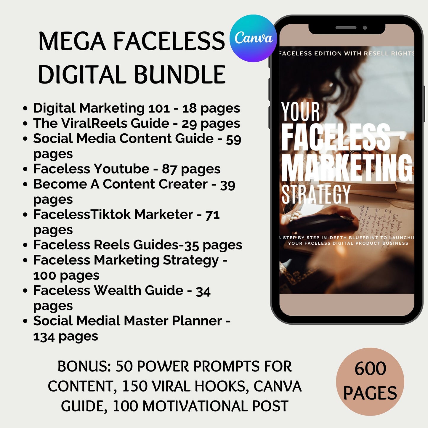 Mega Faceless Digital Bundle (600 pages) done for you, a step by step blue print to monetizing a faceless digital work at home business.