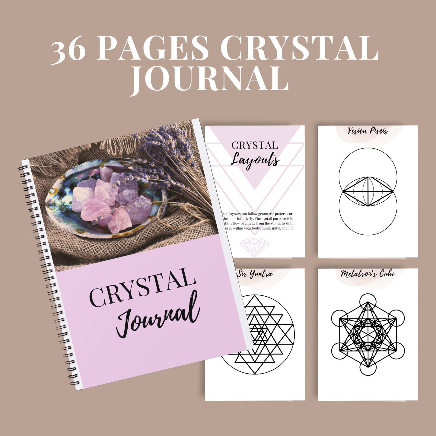 PLR Crystal journal template, learn to create crystal grid, set intentions, printable crystal forms, sheets, editable, done for you journal