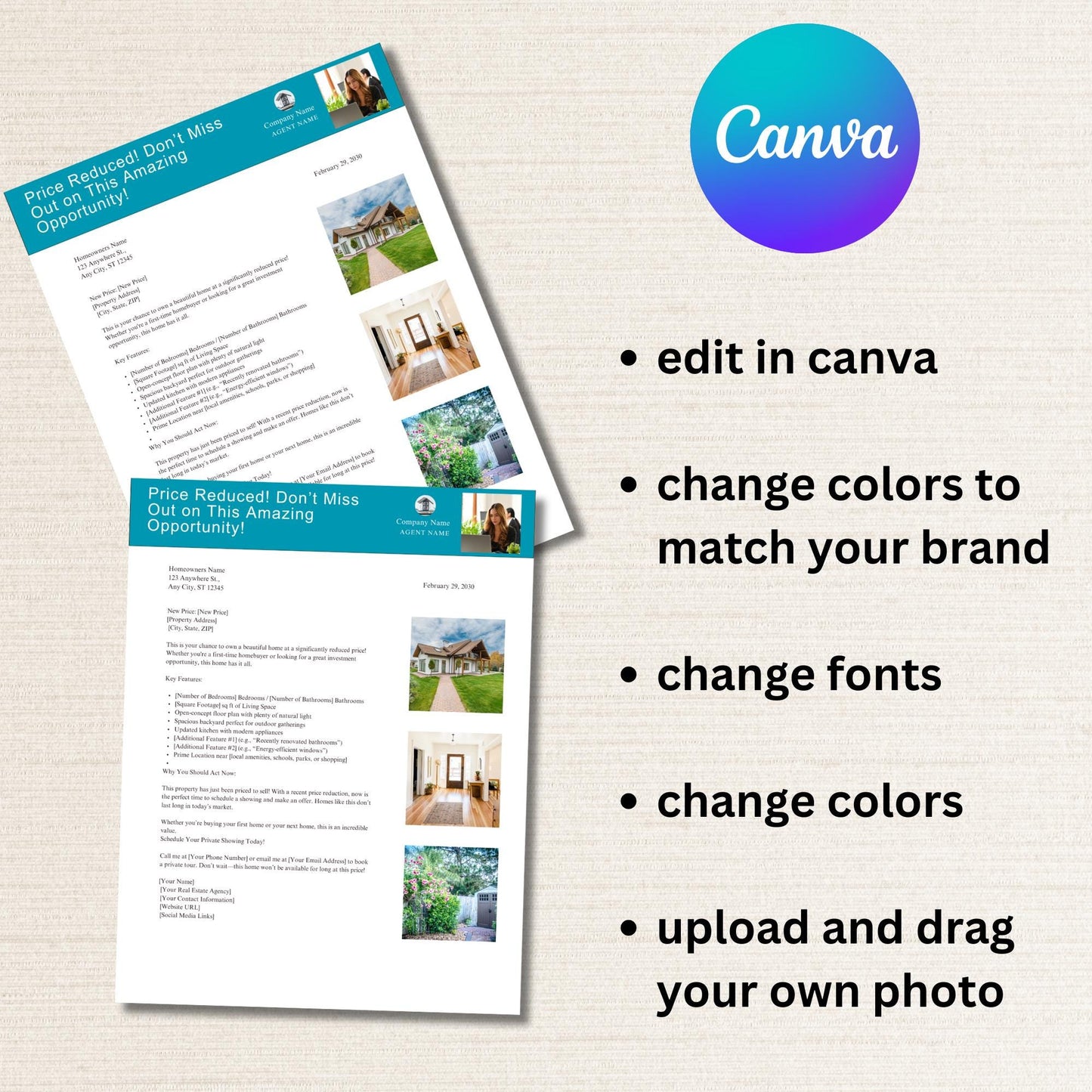 Price Reduced Flyer Farming Letter Template for Real Estate Agents Professional Design Editable in Canva, Modern and minimalist Letter Style