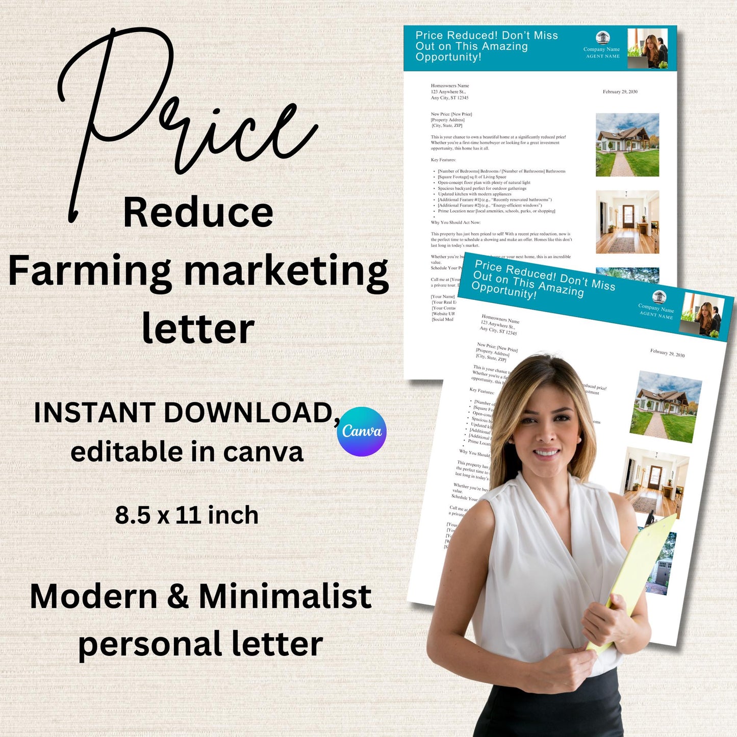 Price Reduced Flyer Farming Letter Template for Real Estate Agents Professional Design Editable in Canva, Modern and minimalist Letter Style