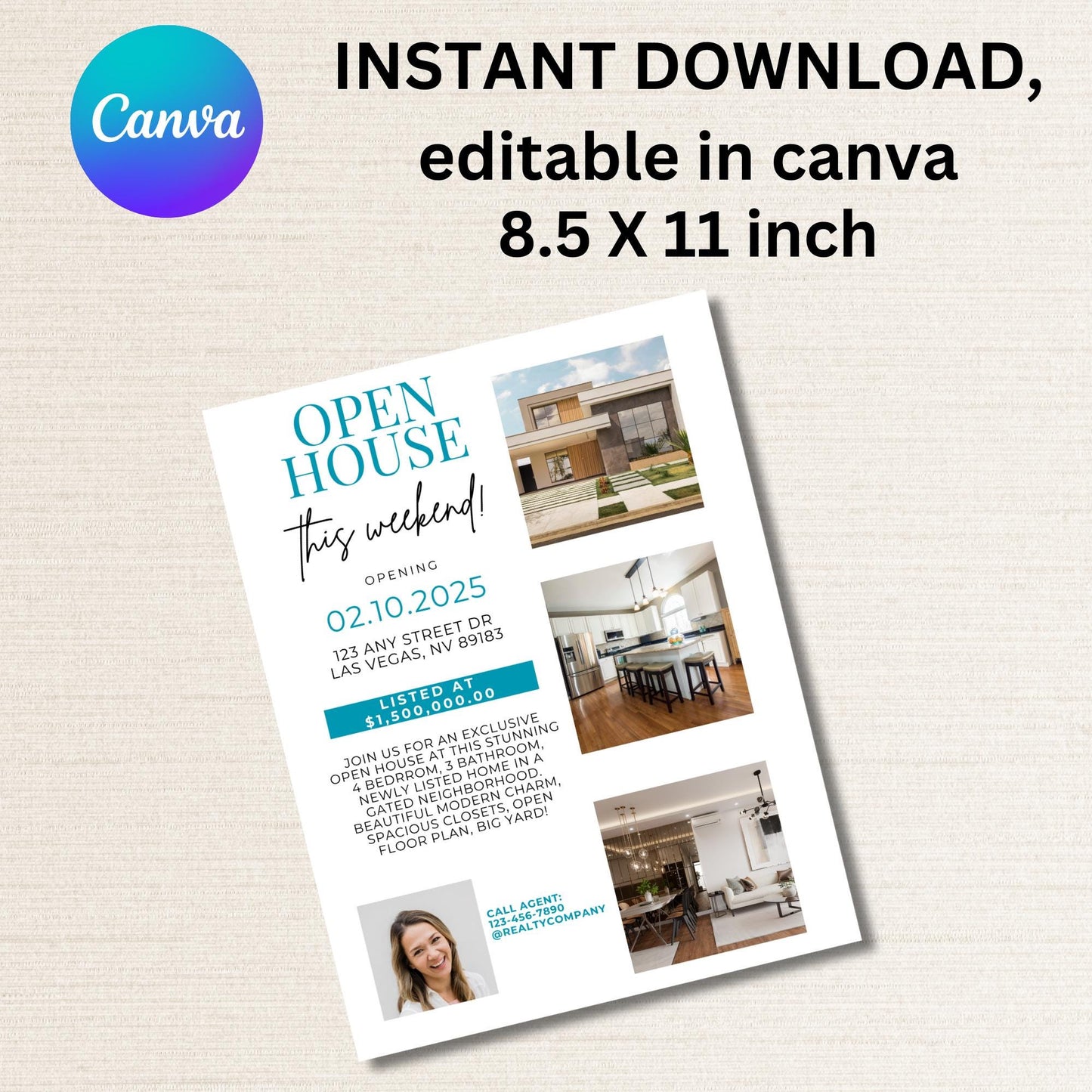 Open House Real Estate Template - Custom Real Estate Marketing Flyer 8.5 x 11 for Open House, Edit in canva