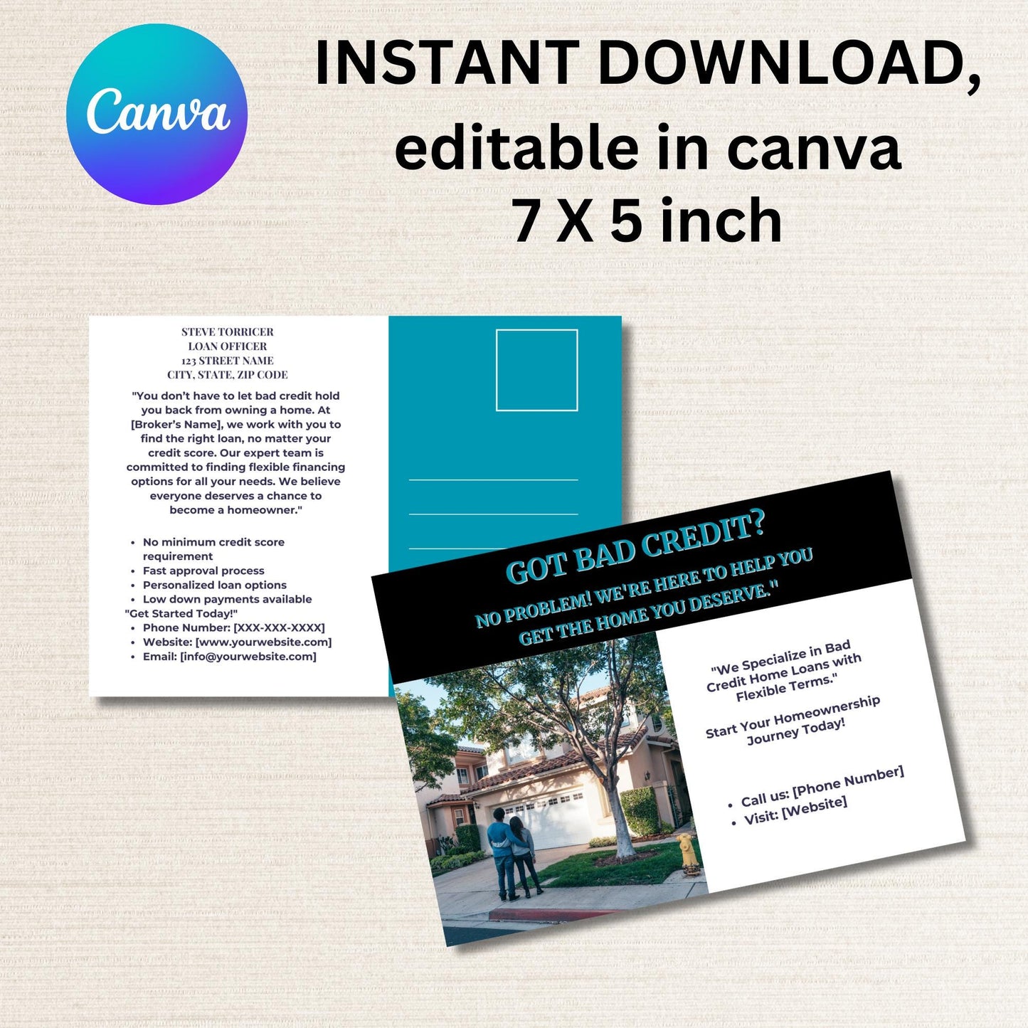 Got Bad Credit?  Mortgage Loan Postcard Template Mailer - Loan Officer Postcard Template, Edit In Canva, Minimalist, Bold Colors