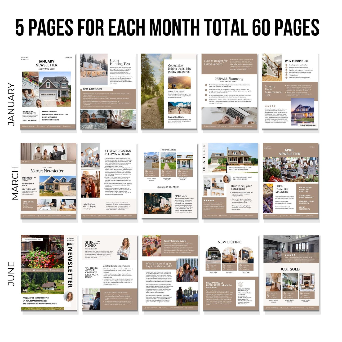 Real Estate Newsletter Template Bundle, 60 Pages,  12 Month Full Year Newsletter Bundle, Realtor Email Marketing, Seasonal Newsletter