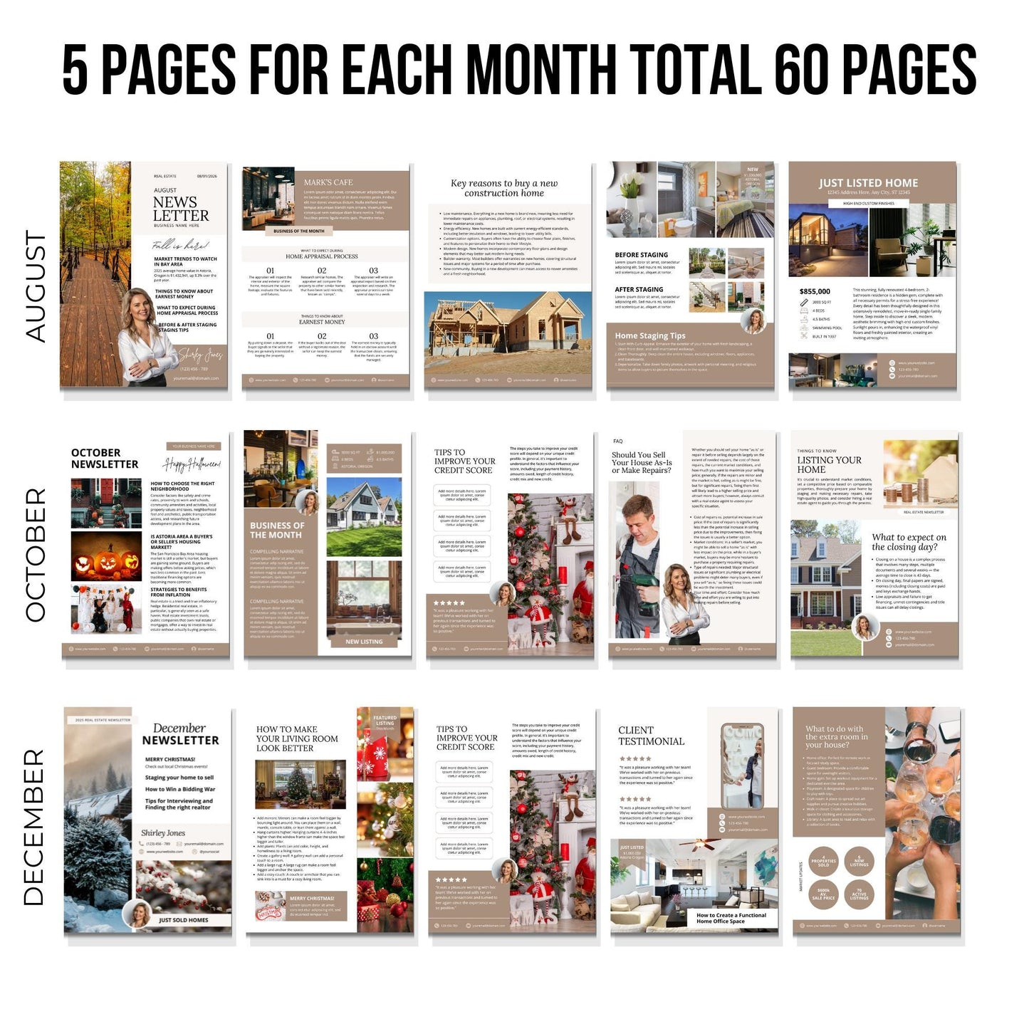 Real Estate Newsletter Template Bundle, 12 Month Full Year Newsletter Bundle, Realtor Email Marketing, Seasonal Newsletter, Canva Templates